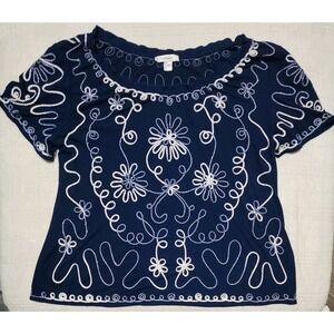 CJ Banks Women's  Blue Floral Embroidered Gathered Neck‎ Rayon Shirt Top  3X